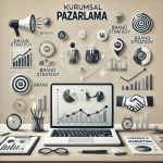 DALL·E 2024-11-17 21.37.51 - A clean and modern minimalistic graphic illustrating 'Kurumsal Pazarlama' (Corporate Marketing). The design features a sleek office desk setup with a